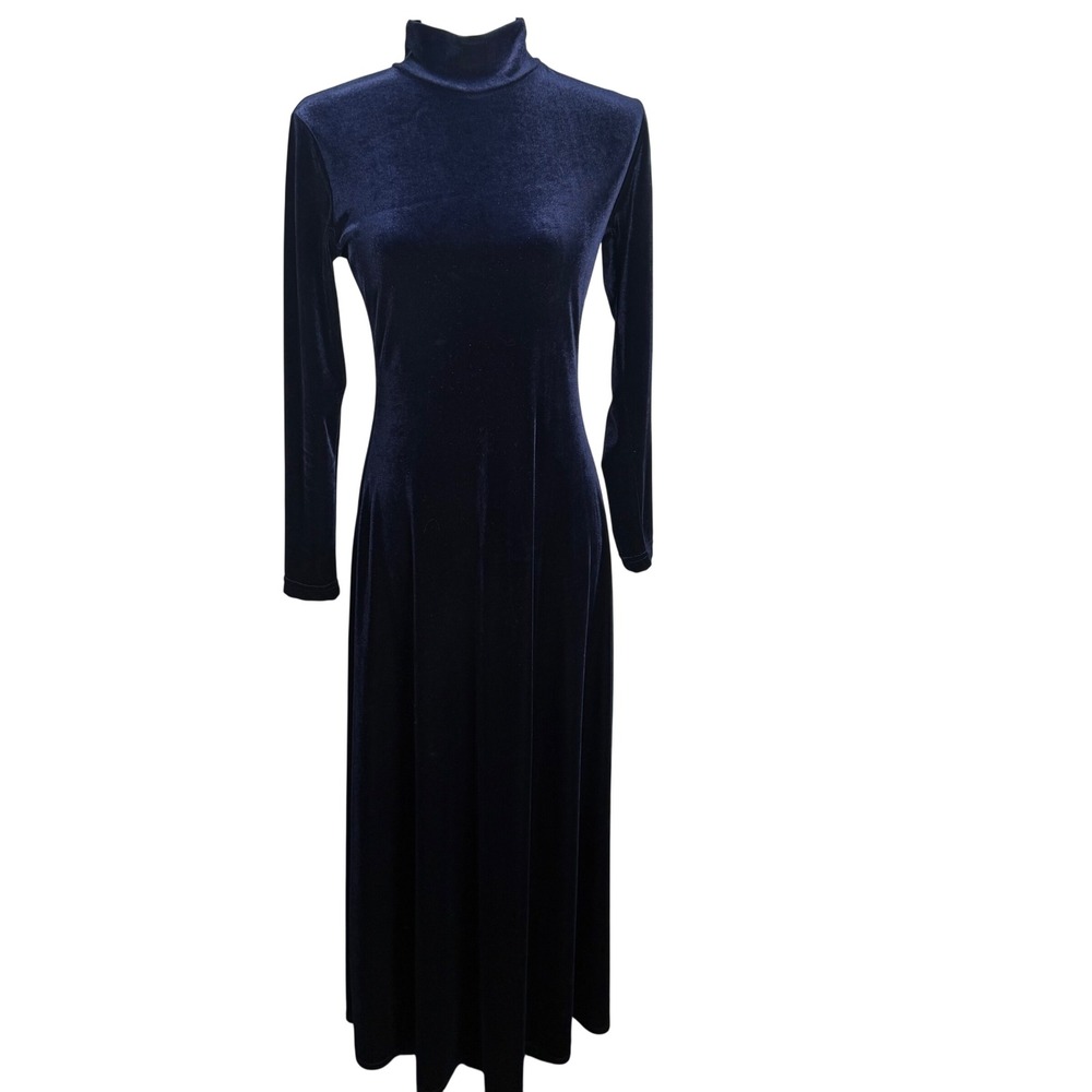Expose Navy Blue Velvet Maxi Dress Womens S Mock Neck Long Sleeve Stretch Goth